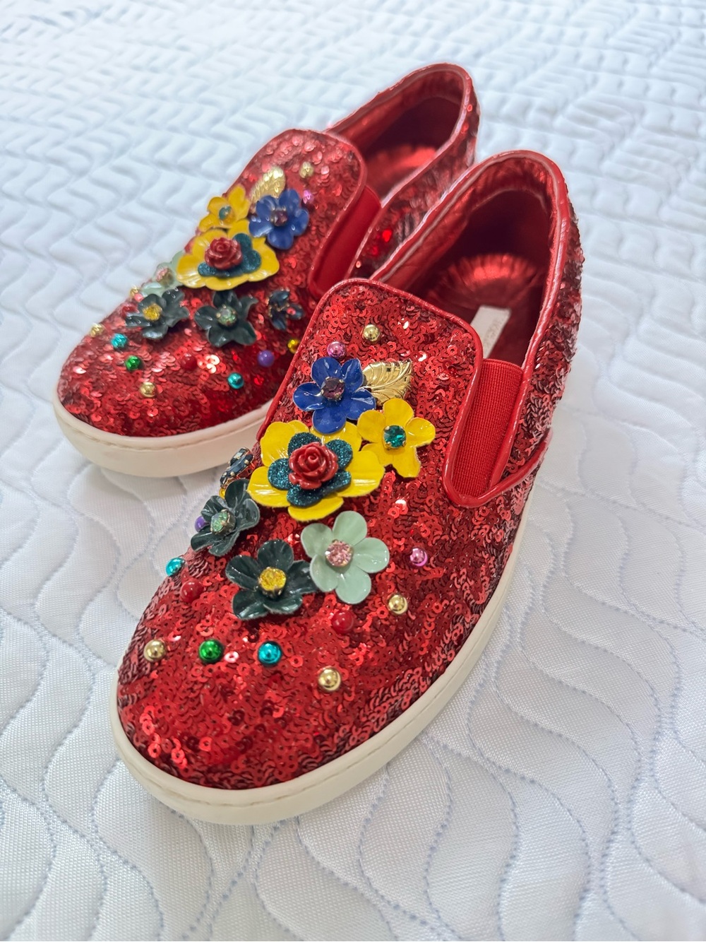 Dolce & Gabbana Red Sequin Floral Embellished Slip-On Sneakers 36